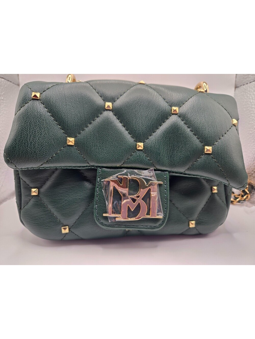 Badgley Mischka Quilted Crossbody Bag Green Gold Studded Pearl Handle NWT New - Picture 3 of 15